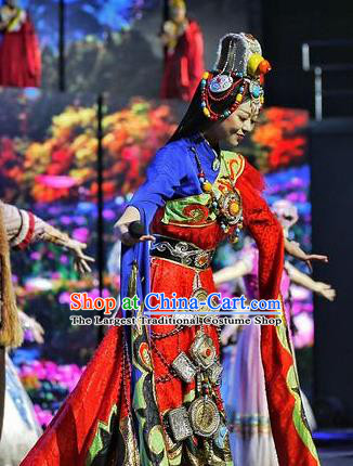 Chinese The Romantic Show of Lijiang Zang Nationality Dance Dress Stage Performance Costume and Headpiece for Women