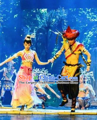 Chinese The Romantic Show of Sanya Stage Performance Dance Ethnic Costumes and Headpiece for Women for Men