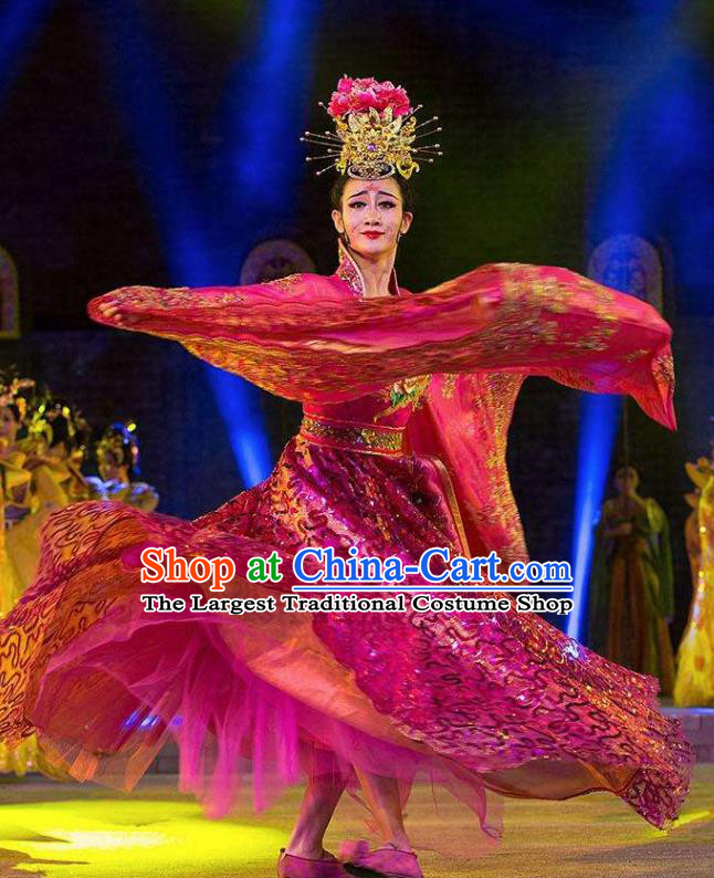 Chinese Chang An Impression Ancient Court Queen Dance Rosy Dress Stage Performance Costume and Headpiece for Women