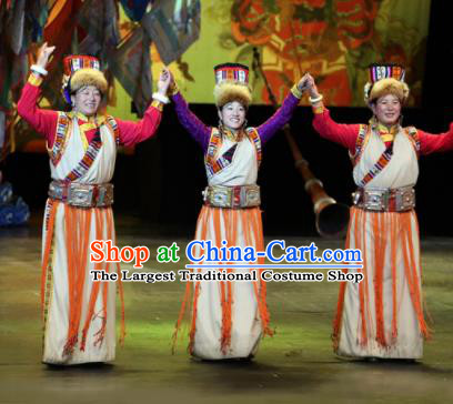 Chinese Impression Tibetan Zang Nationality Dance White Dress Stage Performance Costume and Headpiece for Women