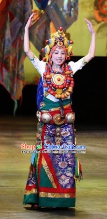 Chinese Impression Tibetan Zang Nationality Dance Royalblue Dress Stage Performance Costume and Headpiece for Women