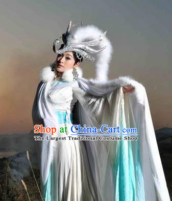 Chinese The Love Story Of A Woodman And A Fairy Fox Folk Dance White Dress Stage Performance Costume for Women