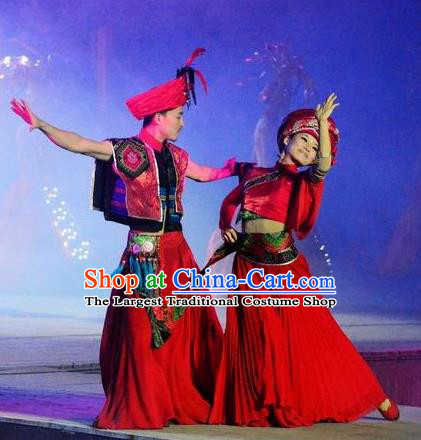 Chinese Dragon Boat Song Tujia Nationality Ethnic Wedding Stage Performance Dance Red Costumes for Women for Men