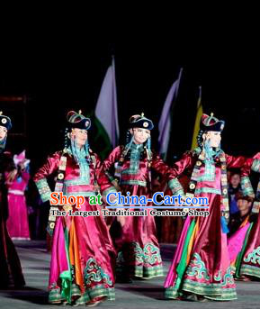 Chinese Impression of Going East To Native Land Mongol Nationality Dance Rosy Dress Stage Performance Costume for Women