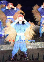 Chinese Dushan Ceremony Bouyei Nationality Dance Stage Performance Blue Costume for Men