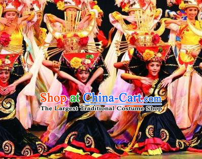 Chinese Lishui Jinsha Yi Nationality Dance Dress Ethnic Stage Performance Costume and Headpiece for Women