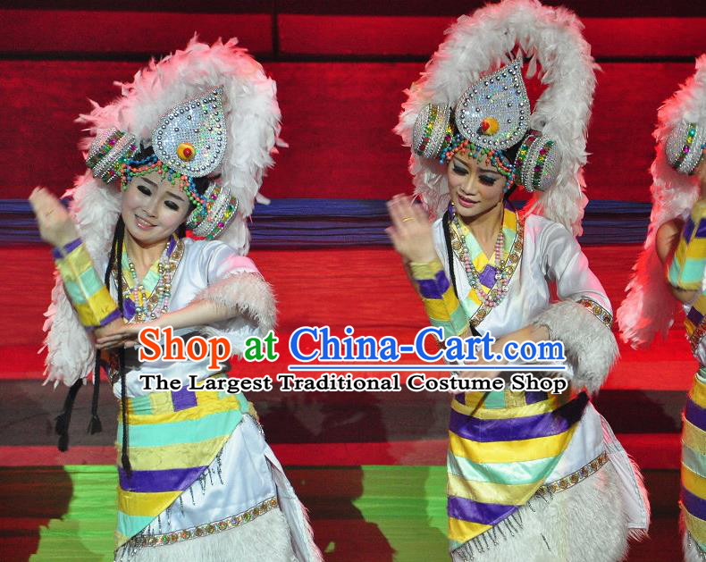 Chinese Lishui Jinsha Zang Nationality Dance White Dress Ethnic Stage Performance Costume and Headpiece for Women