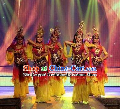 Chinese Turpan Festival Uyghur Nationality Dance Dress Stage Performance Ethnic Costume and Headpiece for Women