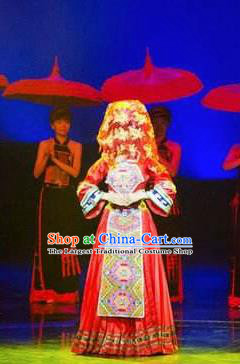 Chinese Charm Xiangxi Tujia Nationality Dance Wedding Red Dress Stage Performance Costume and Headpiece for Women