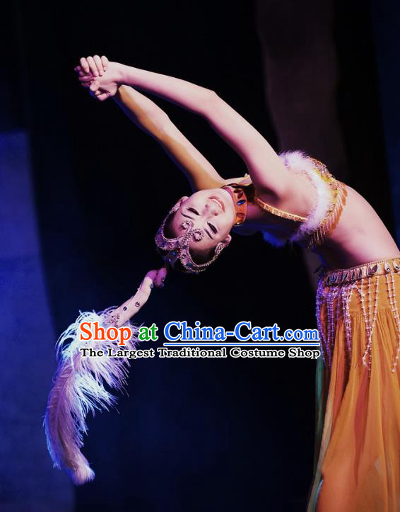 Chinese Oriental Apparel Nationality Dance Yellow Dress Stage Performance Ethnic Costume and Headpiece for Women