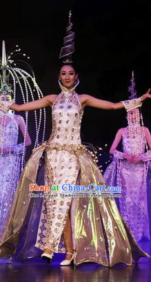 Chinese Oriental Apparel Classical Dance White Dress Stage Performance Ethnic Costume and Headpiece for Women