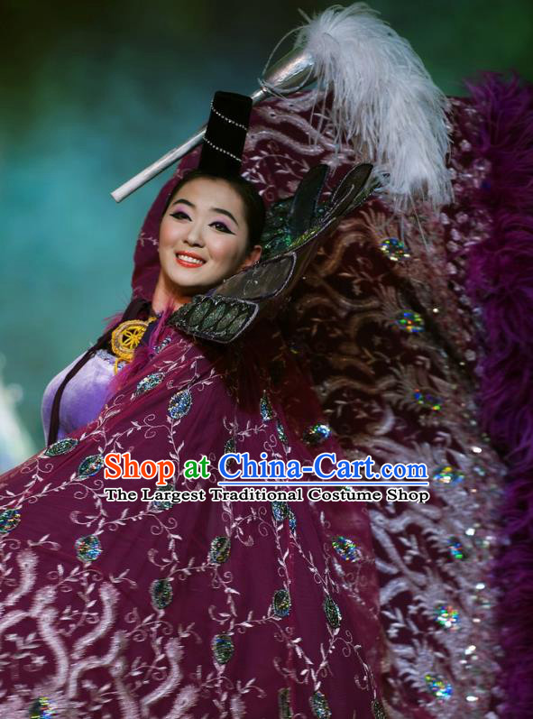 Chinese Oriental Apparel Classical Dance Purple Dress Stage Performance Ethnic Costume and Headpiece for Women