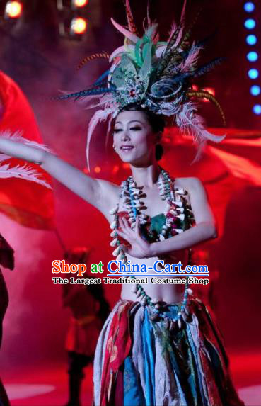 Chinese Oriental Apparel Classical Dance Feather Dress Stage Performance Ethnic Costume and Headpiece for Women