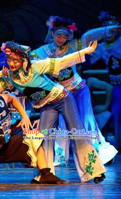 Chinese Thorn Quinoa Flowers Tujia Nationality Dance Blue Dress Stage Performance Costume and Headpiece for Women