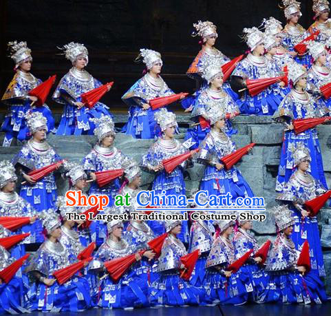 Chinese Border Town Miao Nationality Dance Wedding Blue Dress Stage Performance Costume and Headpiece for Women