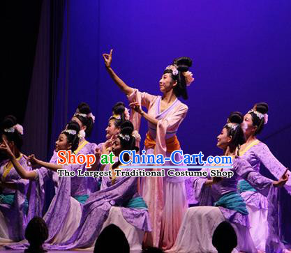 Chinese The Ancient Dunhuang Music Theatre Classical Dance Purple Dress Stage Performance Costume and Headpiece for Women