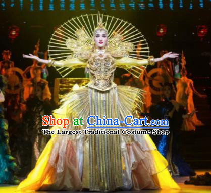 Chinese Oriental Apparel Dance Golden Dress Stage Performance Costume and Headpiece for Women