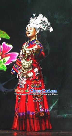 Chinese Wind Of Colorful Guizhou Miao Nationality Ethnic Dance Red Dress Stage Performance Costume and Headpiece for Women