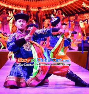 Chinese Saihan Tara Mongol Nationality Blue Clothing Stage Performance Dance Costume for Men