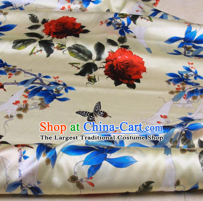 Traditional Chinese Classical Roses Pattern Beige Gambiered Guangdong Gauze Silk Fabric Ancient Hanfu Dress Silk Cloth