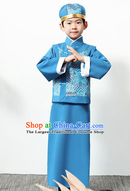 Chinese Traditional Qing Dynasty Boys Blue Clothing Ancient Manchu Prince Costume for Kids