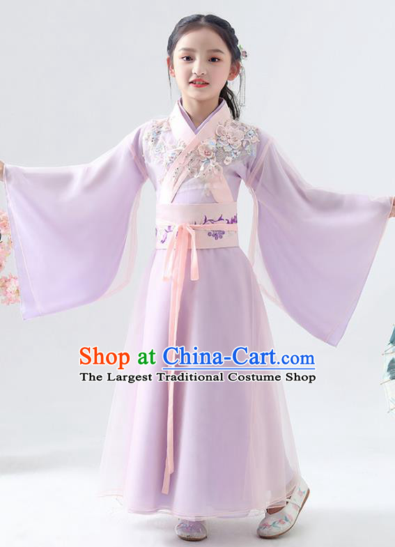 Chinese Traditional Jin Dynasty Girls Lilac Hanfu Dress Ancient Peri Princess Costume for Kids