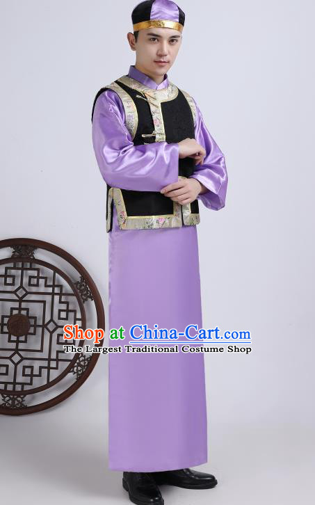 Chinese Traditional Qing Dynasty Royal Prince Purple Hanfu Clothing Ancient Manchu Nobility Childe Costume for Men