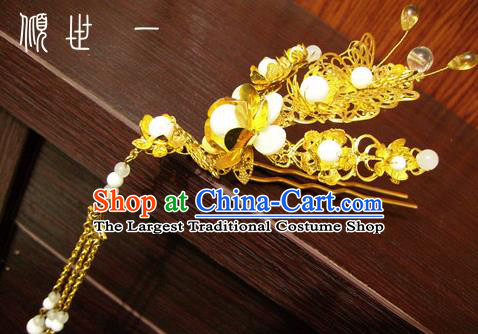 Chinese Ancient Court Queen Tassel Golden Hairpins Traditional Classical Hanfu Hair Accessories for Women