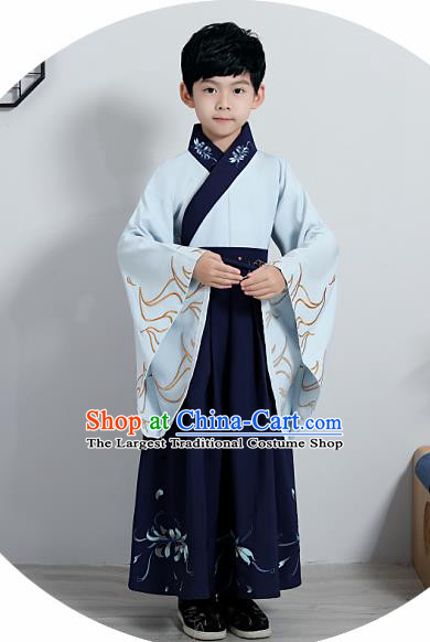 Chinese Traditional Han Dynasty Boys Embroidered Navy Hanfu Clothing Ancient Scholar Costume for Kids