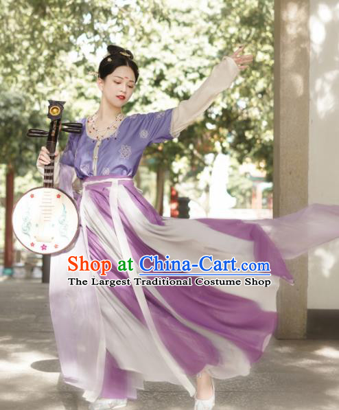 Traditional Chinese Tang Dynasty Palace Maidservant Replica Costumes Ancient Court Dancer Purple Hanfu Dress for Women