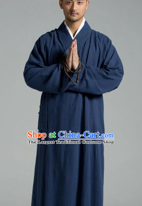 Traditional Chinese Monk Costume Buddhists Navy Linen Long Robe for Men