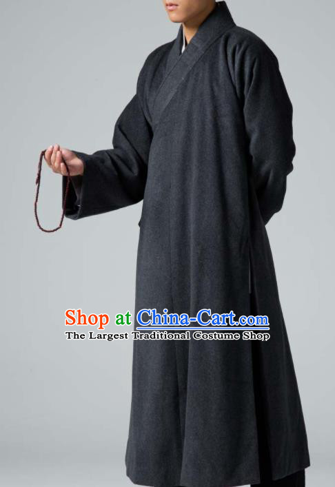 Traditional Chinese Monk Costume Buddhists Deep Grey Woolen Long Robe for Men