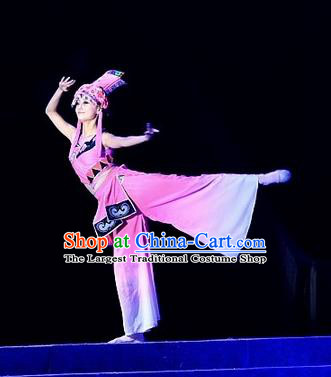 Phoenix Flying Qiang Dance Traditional Chinese Qiang Ethnic Minority Dance Pink Dress and Headwear for Women