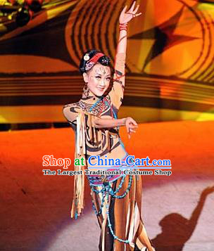 Chinese Tamrac Heaven Classical Dance Brown Dress Stage Performance Costume and Headpiece for Women