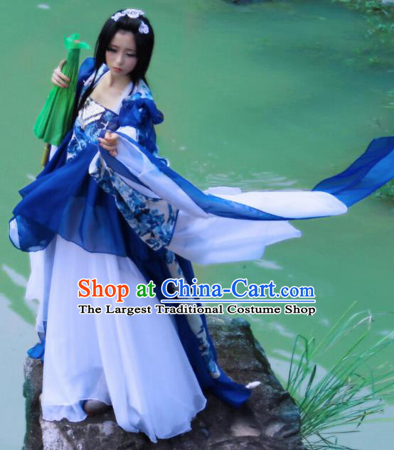 Chinese Cosplay Imperial Consort Royalblue Dress Ancient Female Swordsman Knight Costume for Women