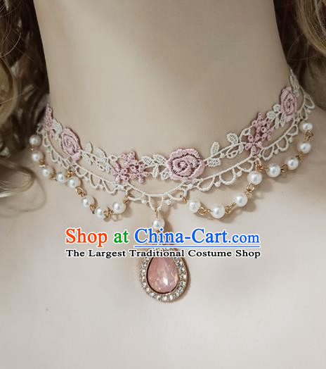 Top Grade Gothic Princess Pink Lace Rose Necklace Handmade Necklet Accessories for Women