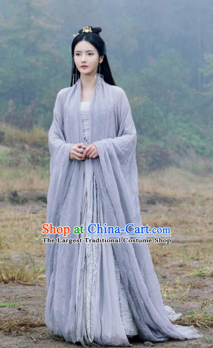 Chinese Ancient Goddess Swordswoman Drama Love and Destiny Qing Yao Zhang Zhi Xi Blue Costumes and Headpiece for Women