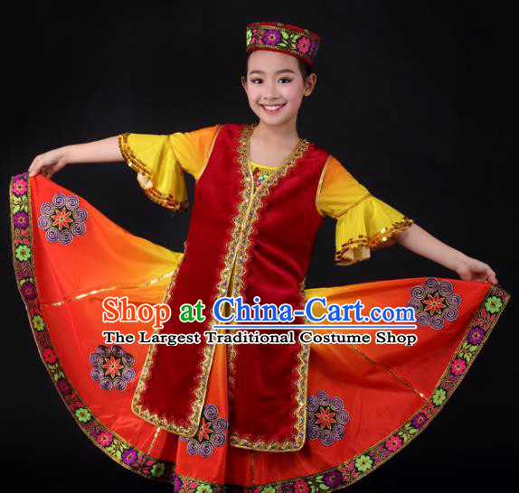 Traditional Chinese Child Xinjiang Uyghur Nationality Red