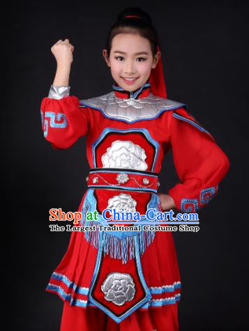 Traditional Chinese Classical Dance Hua Mulan Red Clothing Stage Show Costume for Kids