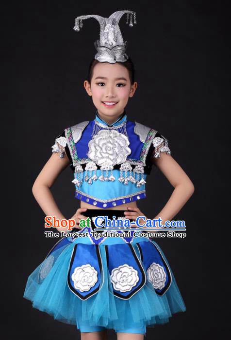 Traditional Chinese Child Miao Nationality Blue Skirt Ethnic Minority Folk Dance Costume and Headpiece for Kids