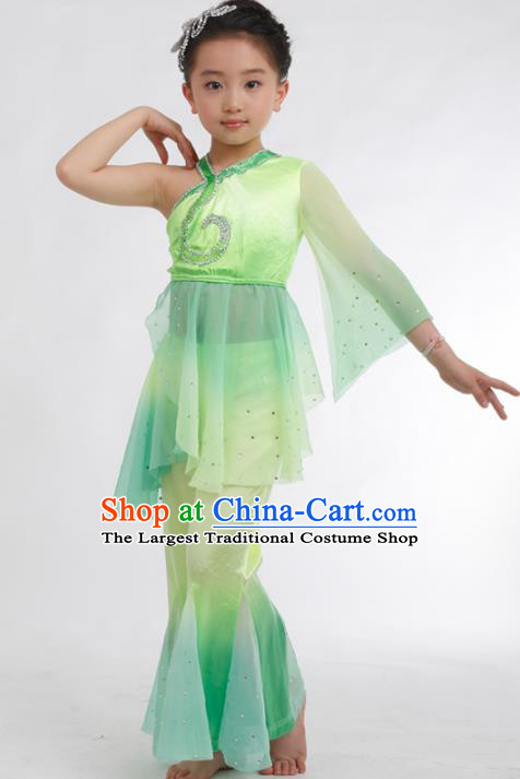 Traditional Chinese Folk Dance Fan Dance Green Veil Clothing Yangko Dance Stage Show Costume for Kids