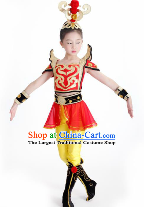 Traditional Chinese Children Classical Dance Hua Mulan Red Dress Stage Show Costume for Kids