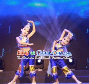 Traditional Chinese Child Yi Nationality Blue Dress Ethnic Minority Folk Dance Costume for Kids