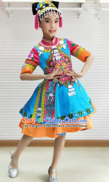 Traditional Chinese Child Mosuo Nationality Blue Dress Ethnic Minority Folk Dance Costume for Kids