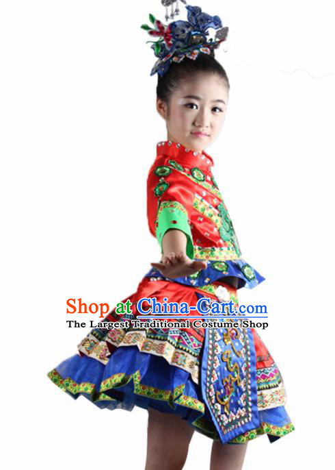 Traditional Chinese Dong Nationality Child Red Dress Ethnic Minority Folk Dance Costume for Kids