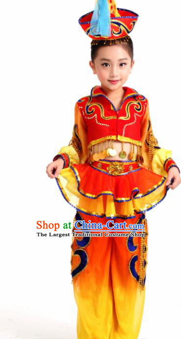 Traditional Chinese Child Mongol Nationality Red Skirt Ethnic Minority Folk Dance Costume for Kids