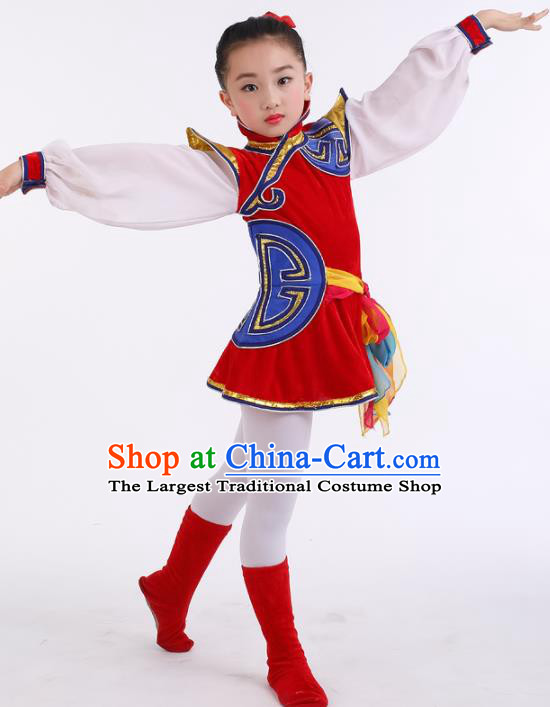 Traditional Chinese Child Mongol Nationality Red Dress Ethnic Minority Folk Dance Costume for Kids