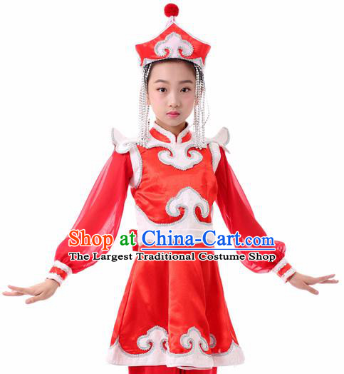 Traditional Chinese Child Mongol Nationality Red Clothing Ethnic Minority Folk Dance Costume for Kids