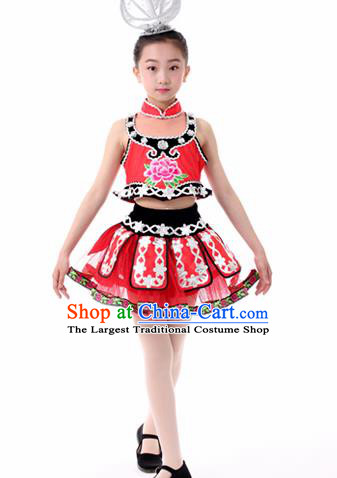 Traditional Chinese Child Miao Nationality Red Skirt Ethnic Minority Folk Dance Costume for Kids