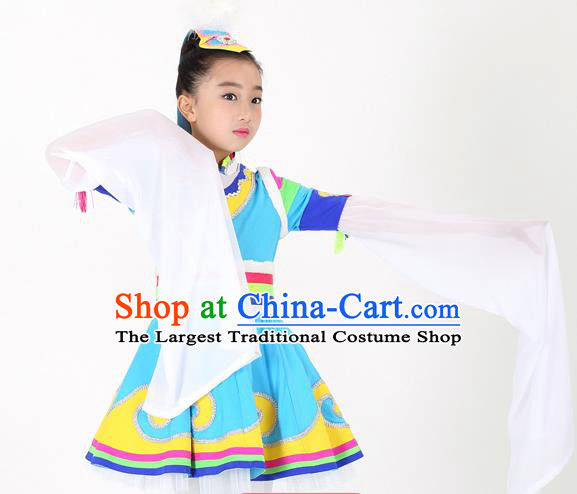 Traditional Chinese Child Zang Nationality Blue Skirt Ethnic Minority Folk Dance Costume for Kids